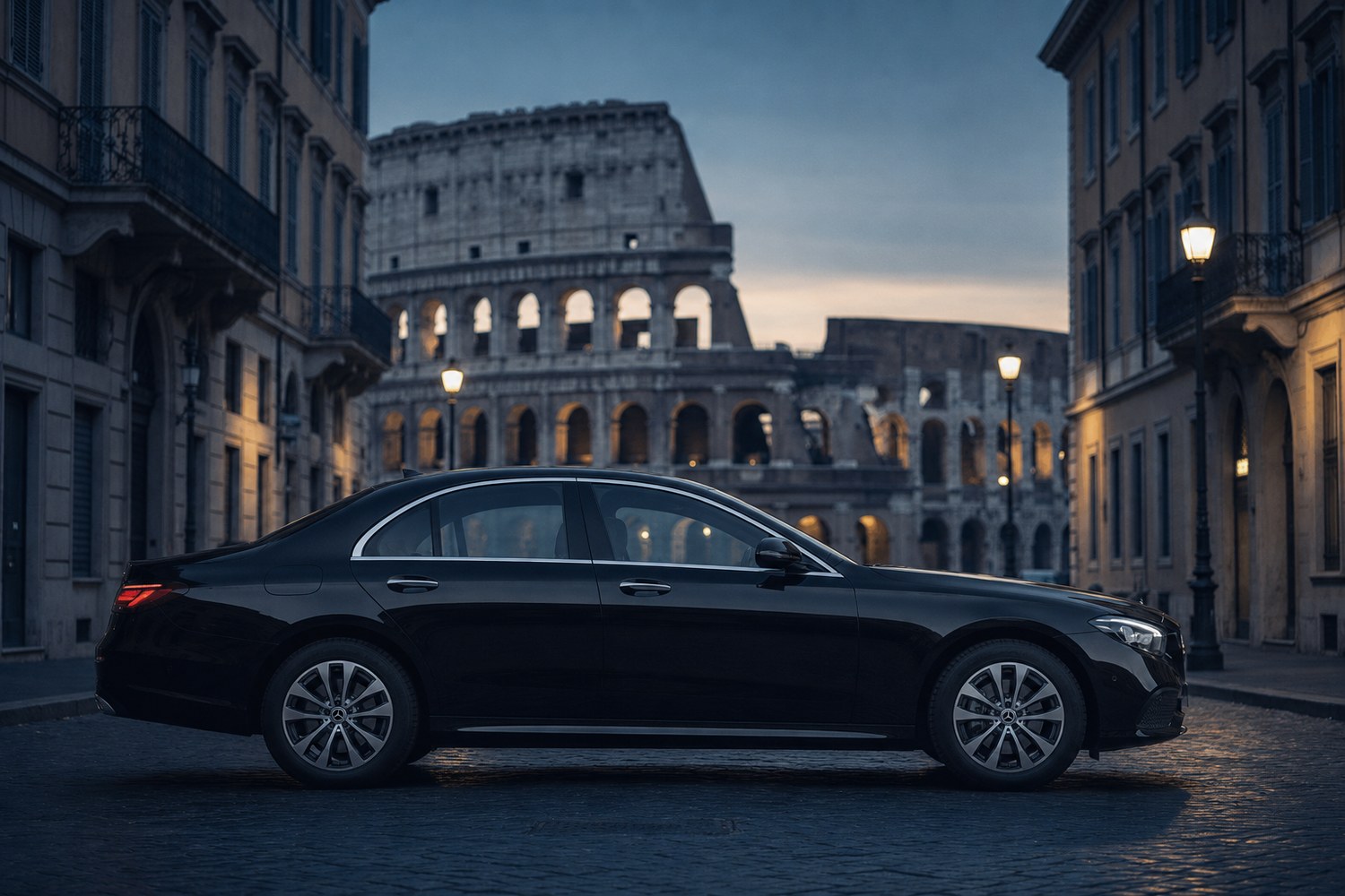 Cagnato executive sedan in front of the Colosseum in Rome at blue hour