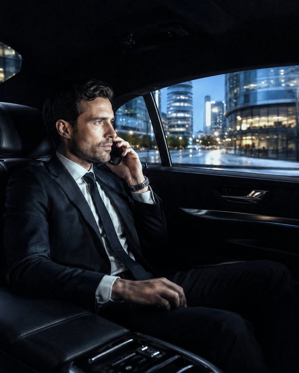 Manager al telefono a bordo di una berlina executive, distretto business di Milano di sera