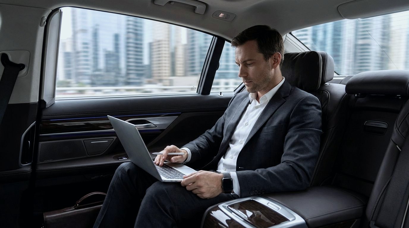 Manager working on a laptop on board an executive sedan, skyline through the window