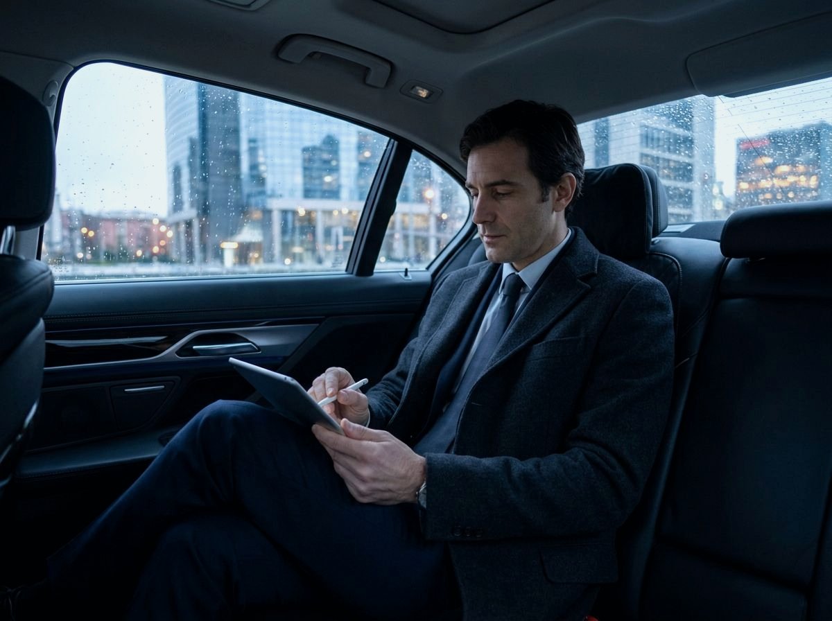 Manager working on a tablet aboard an executive sedan, Milan skyline through the window