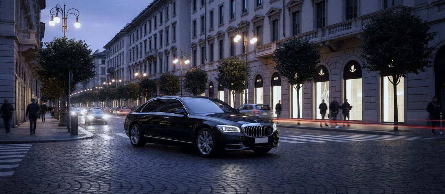Executive sedan on an elegant Milan street at dusk