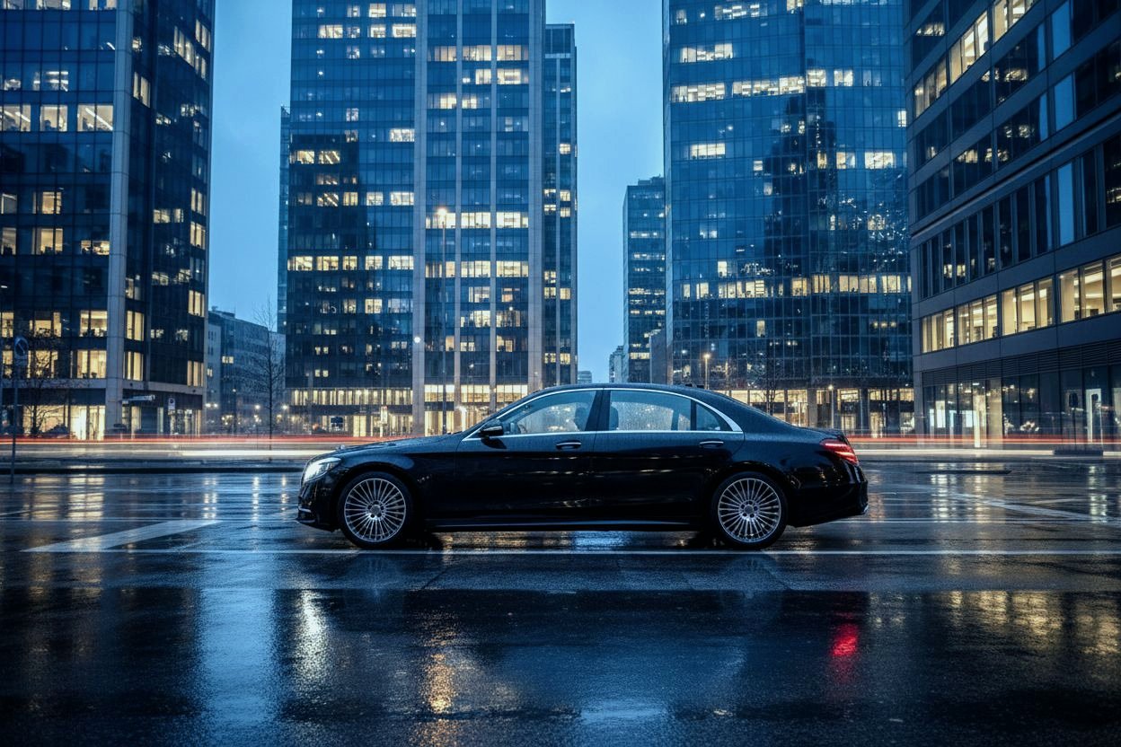Berlina executive tra i grattacieli del distretto finanziario di Milano all'ora blu
