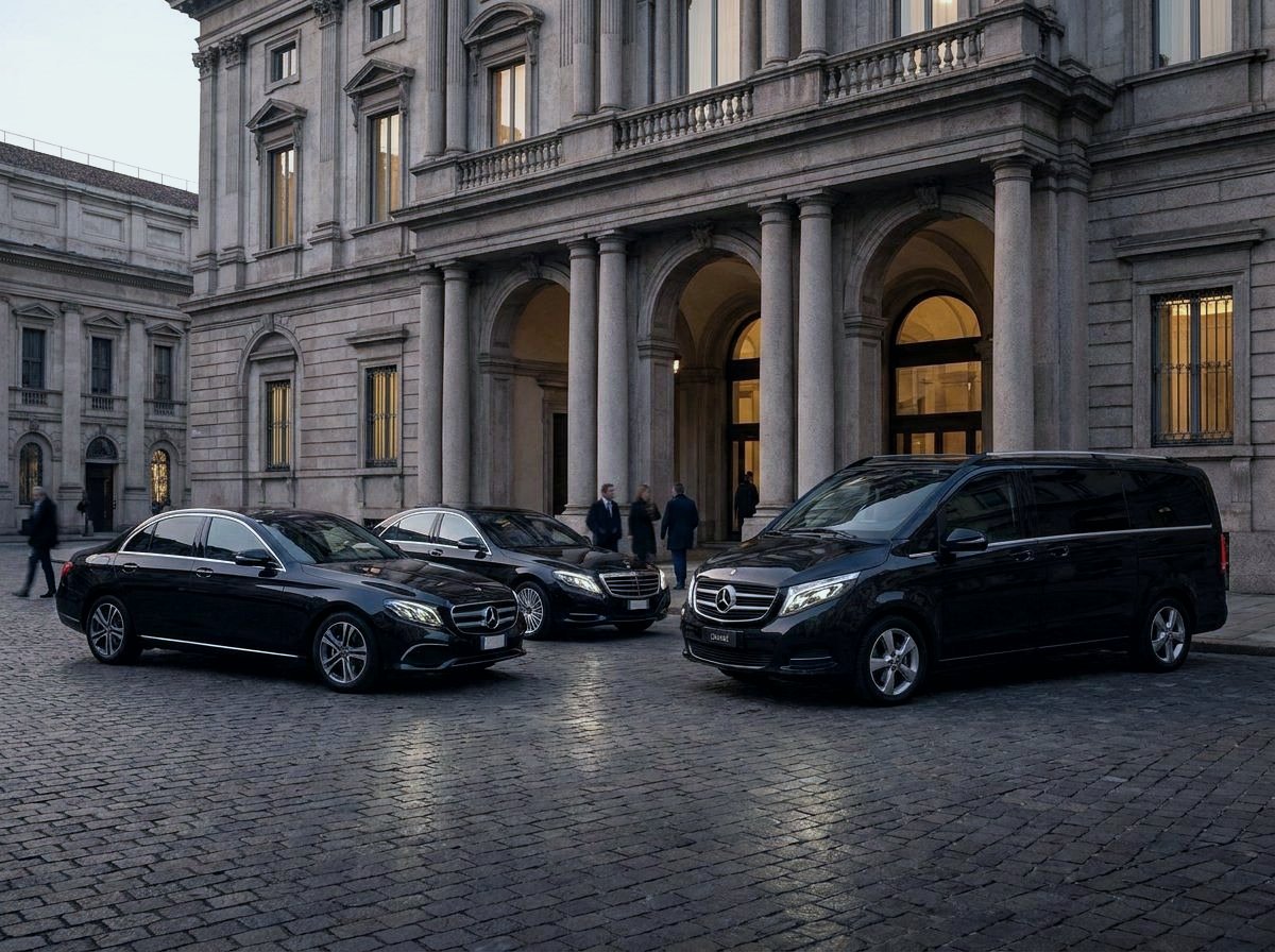 A fleet of sedans and executive vans in front of an institutional palazzo at dusk