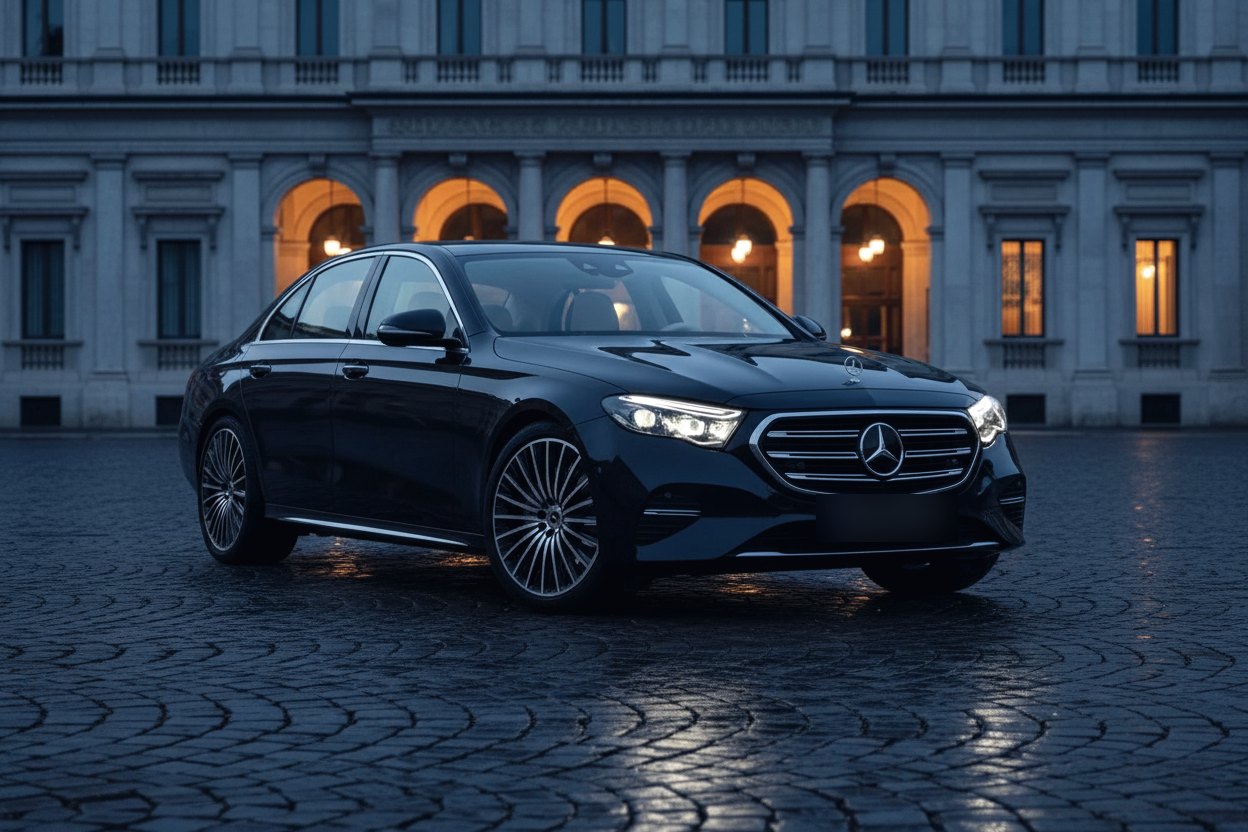 Black Mercedes-Benz E-Class, three-quarter view outside a hotel at dusk