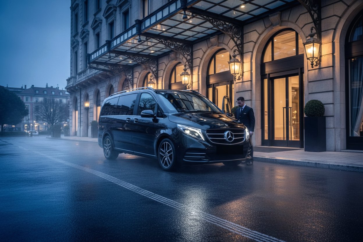 Black Mercedes-Benz V-Class outside the entrance of an elegant hotel