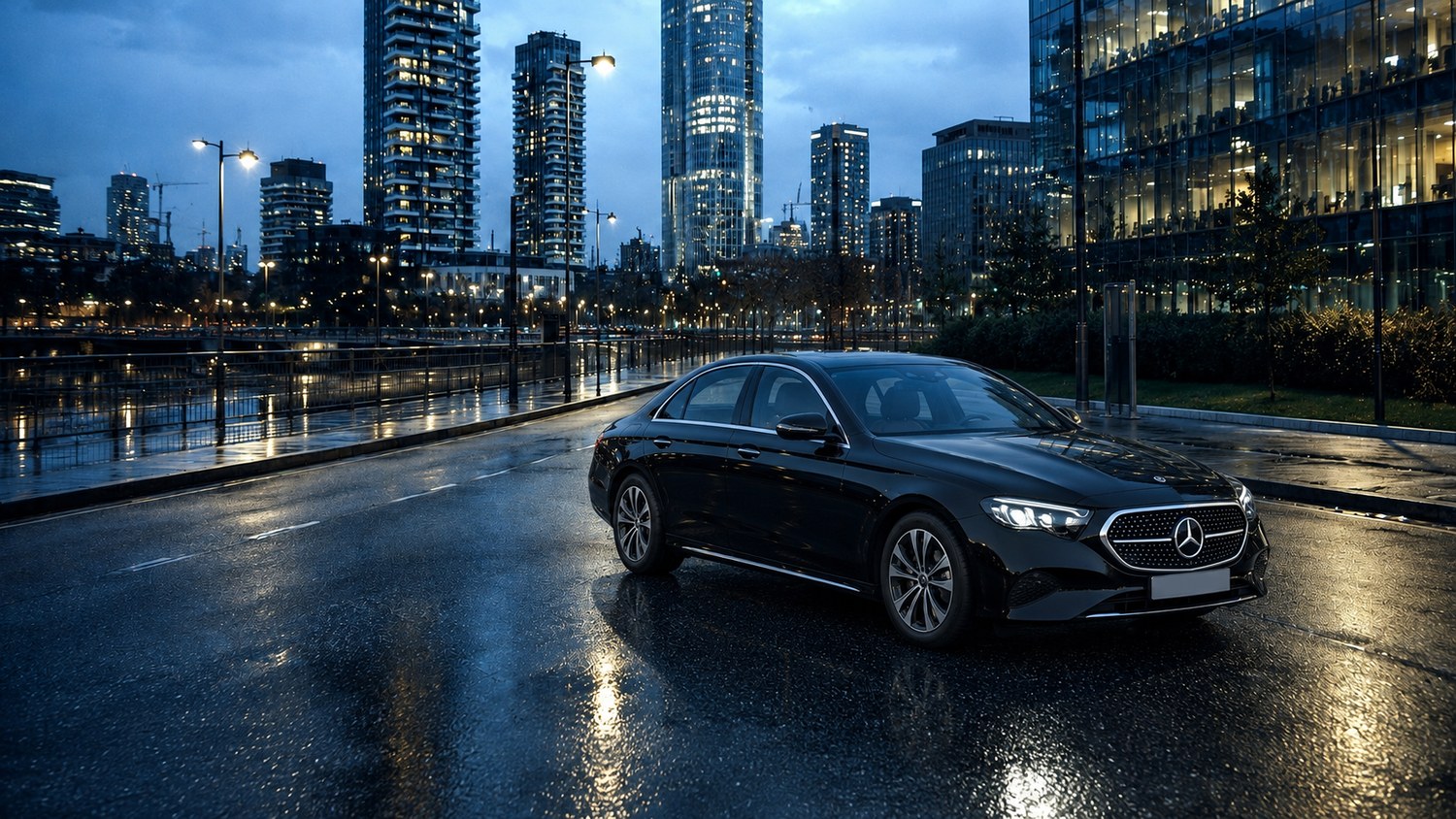 Black executive sedan in Milan's financial district at dusk