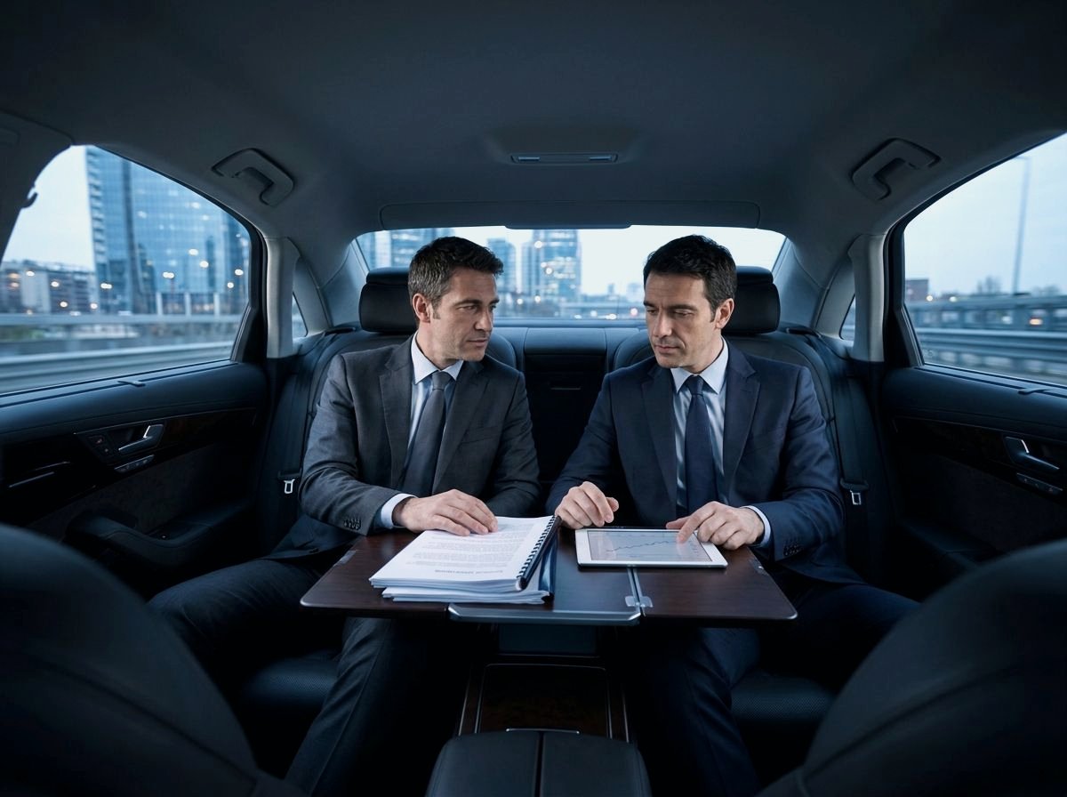 Two managers working on documents on board an executive vehicle between one meeting and the next