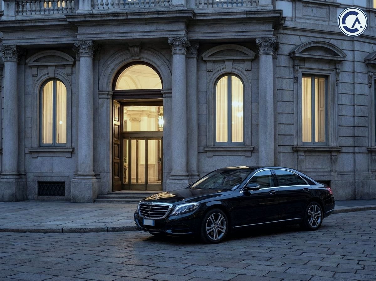 Mercedes prestige sedan outside the entrance of a historic palazzo