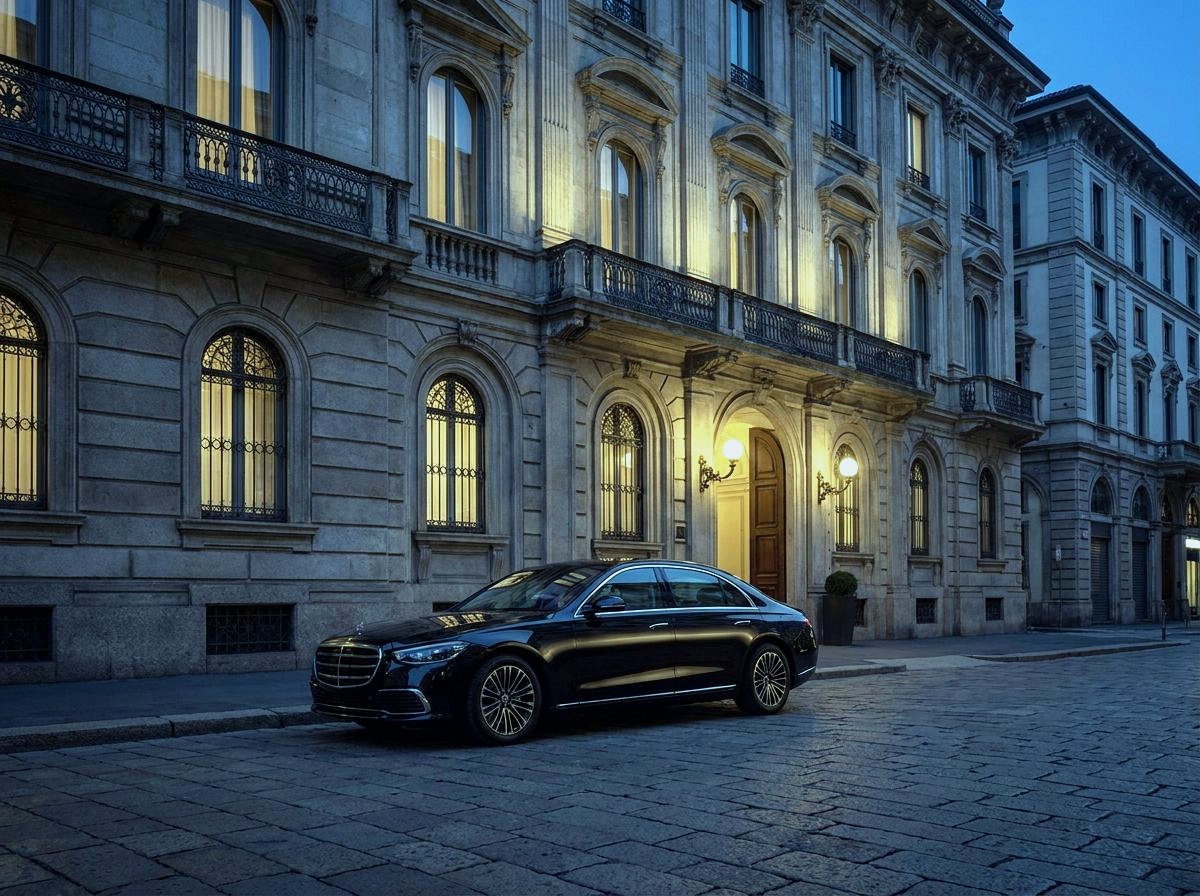 Berlina executive nera davanti a un palazzo storico milanese all'ora blu