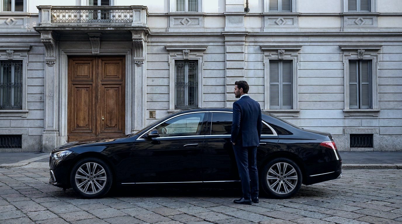 Black Mercedes-Benz S-Class in profile outside a historic Milanese palazzo