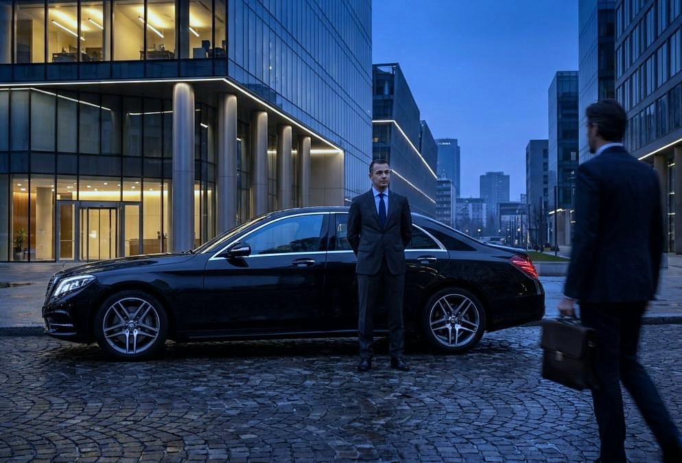 Autista accanto a una berlina executive nel distretto business di Milano all'ora blu