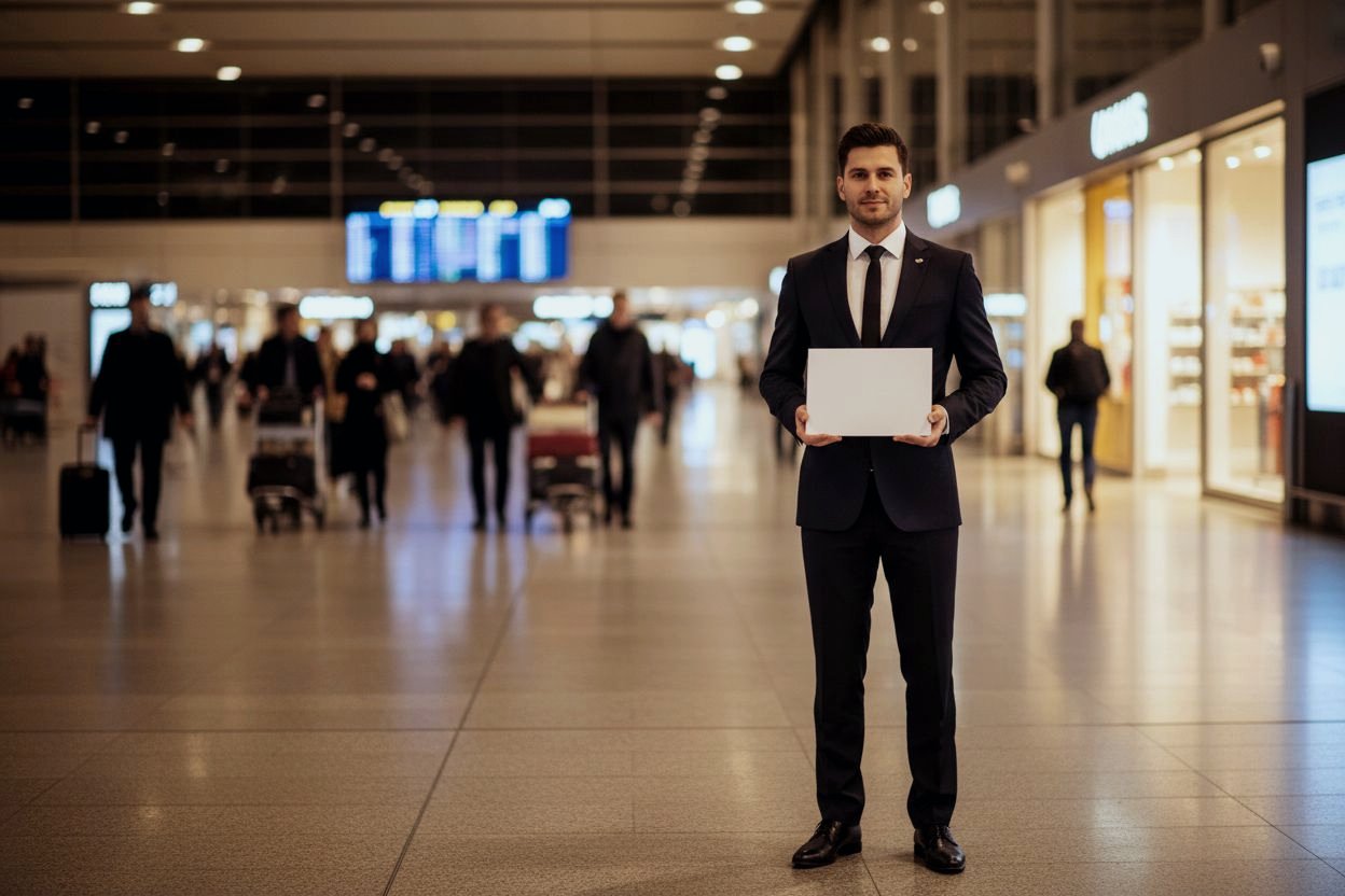 Chauffeur waiting in an airport arrivals hall with a welcome sign