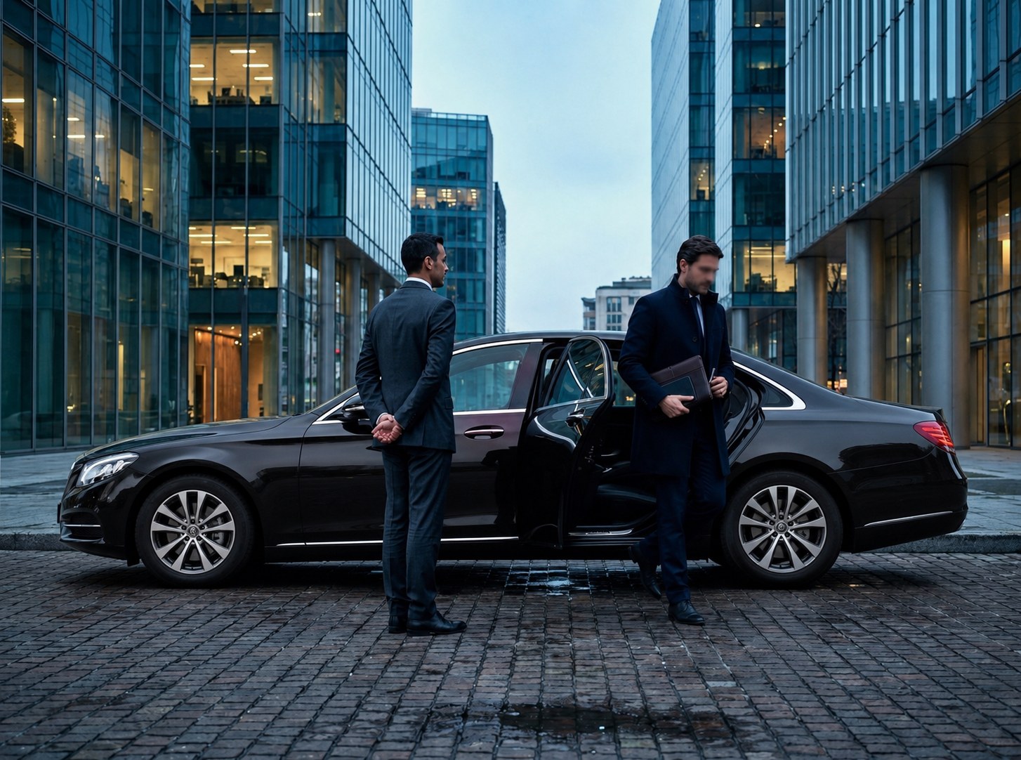 Chauffeur assists a manager to an executive vehicle in Milan's business district