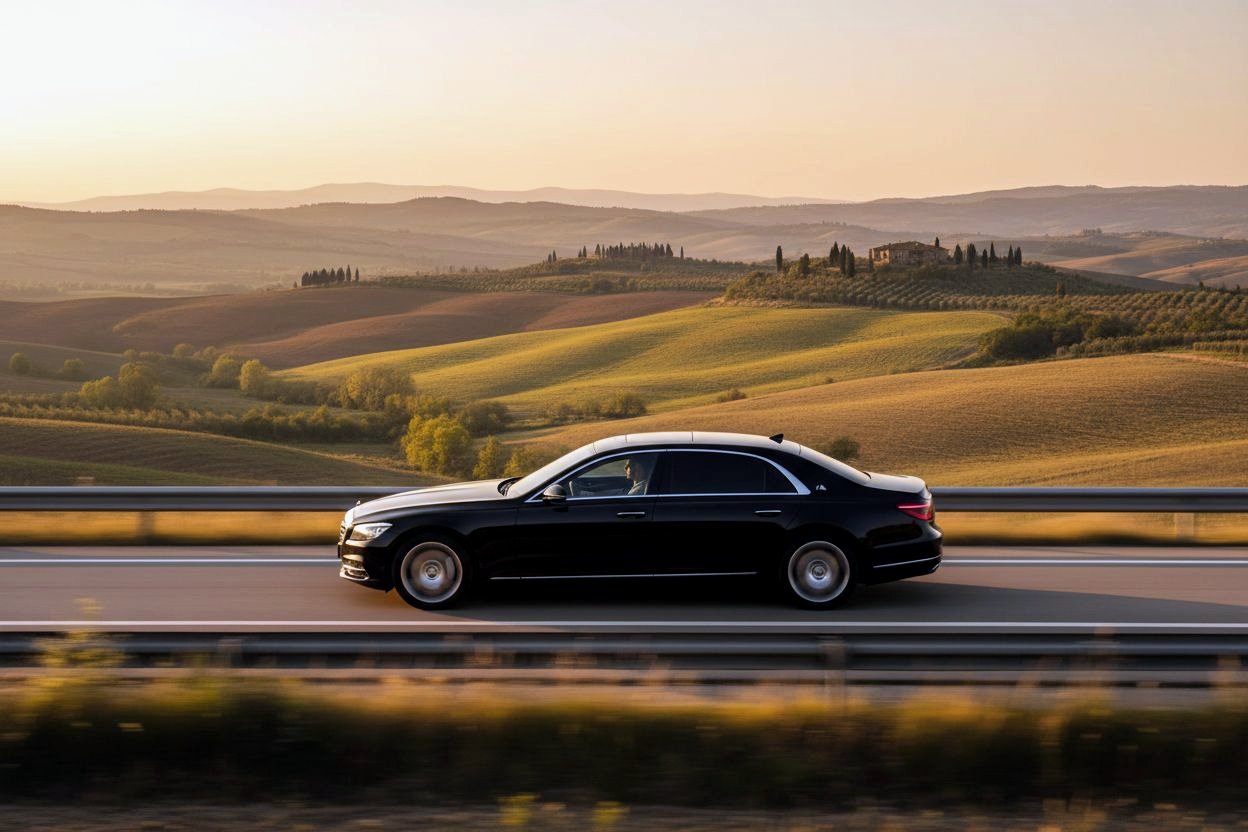 Executive sedan on the motorway through the Tuscan hills at sunset